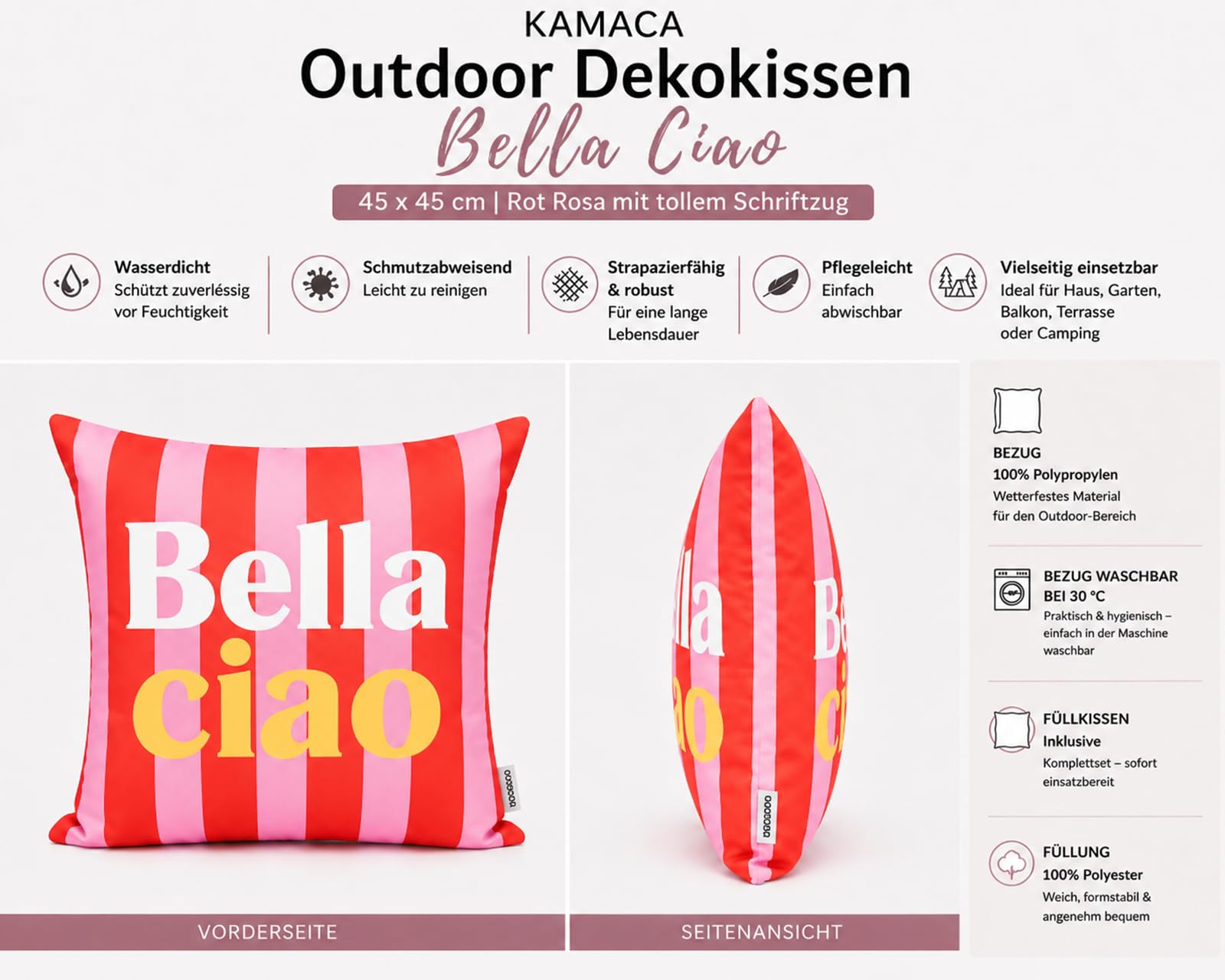 KAMACA Outdoor Dekokissen Bella Ciao 45x45 cm Rot Rosa Gestreift – Gartenkissen mit 370g Füllung – Wasserabweisend, Schmutzabweisend & Strapazierfähig – Balkon Terrasse Lounge Kissen
