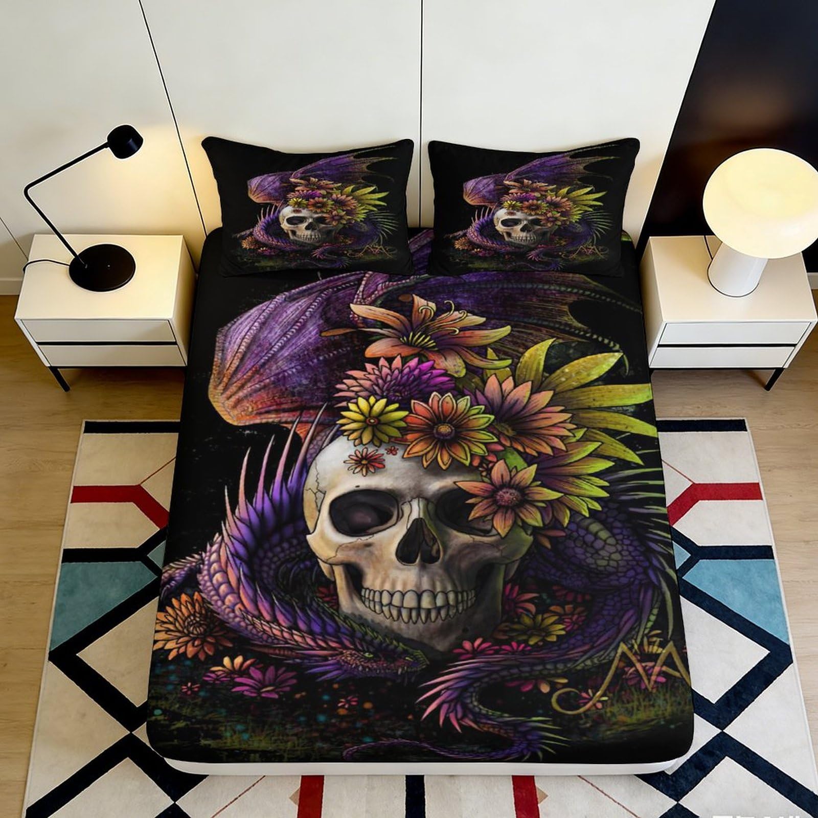 3D Printed Skull Floral Fitted Sheet Microfiber Black Purple Gothic Snake Mattress Cover for Bedroom Dorm Decor Mattress Protection 90x200x25cm