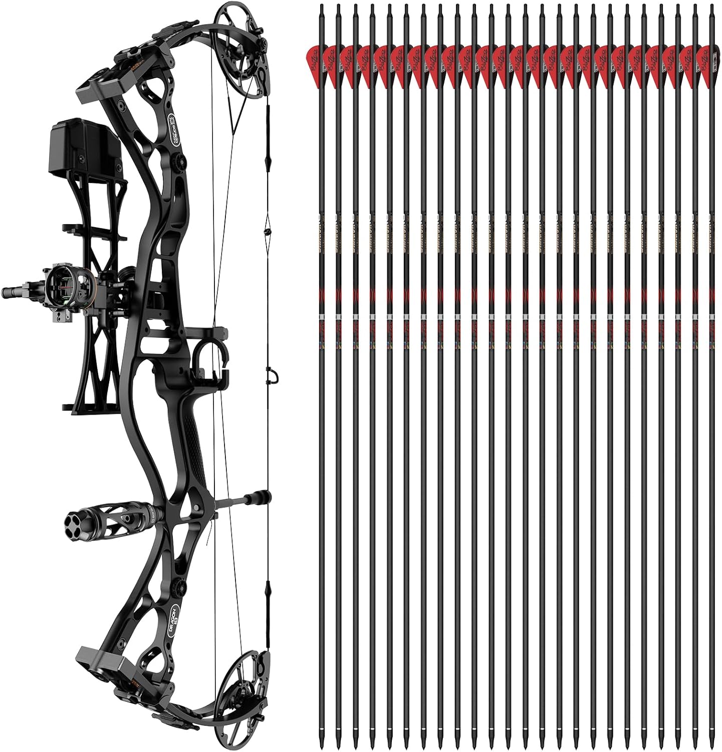 Sanlida Dragon 10 Flagship Top of The Line Hunting Compound Bow Kit (Medium Cam(27"-30"), Black, 60-70#) and Dragon 10 Flagship 100% Pure Carbon Arrows (430 Spine, 24PCS)