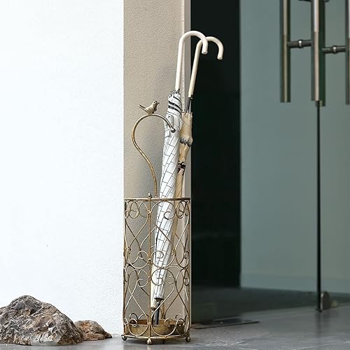 Miniatura 6 de Soporte para paragüas, estante para entrada, bastones para caminar, mango de pájaro de hierro fundido y bandeja de goteo (oro antiguo)