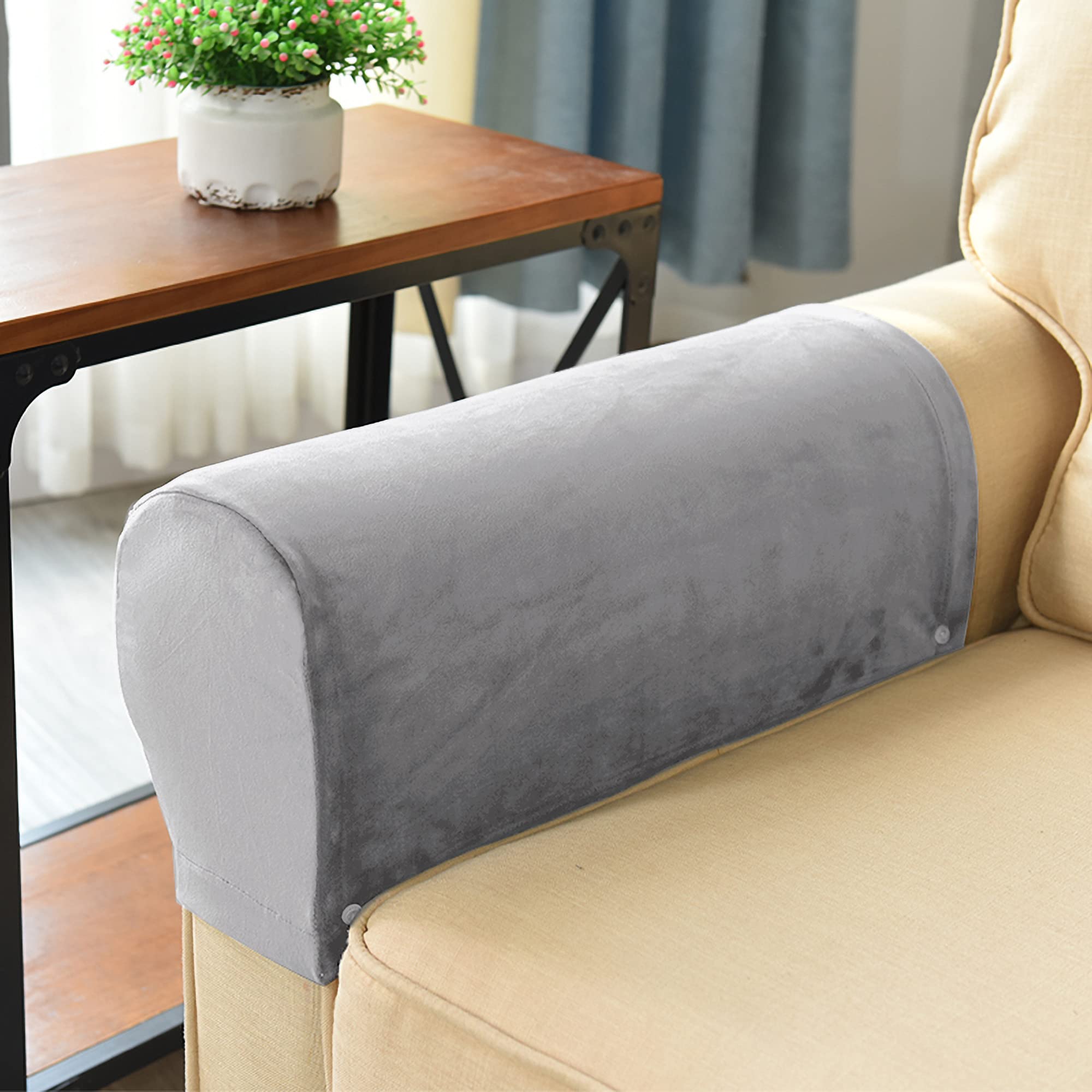 Set of 4 Armrest Covers, Sofa Stretch Armchair Covers, Anti-Slip Furniture Protector Slipcovers, Soft Velvet Couch Arm Covers for Sofa Recliner Chair,Light Gray