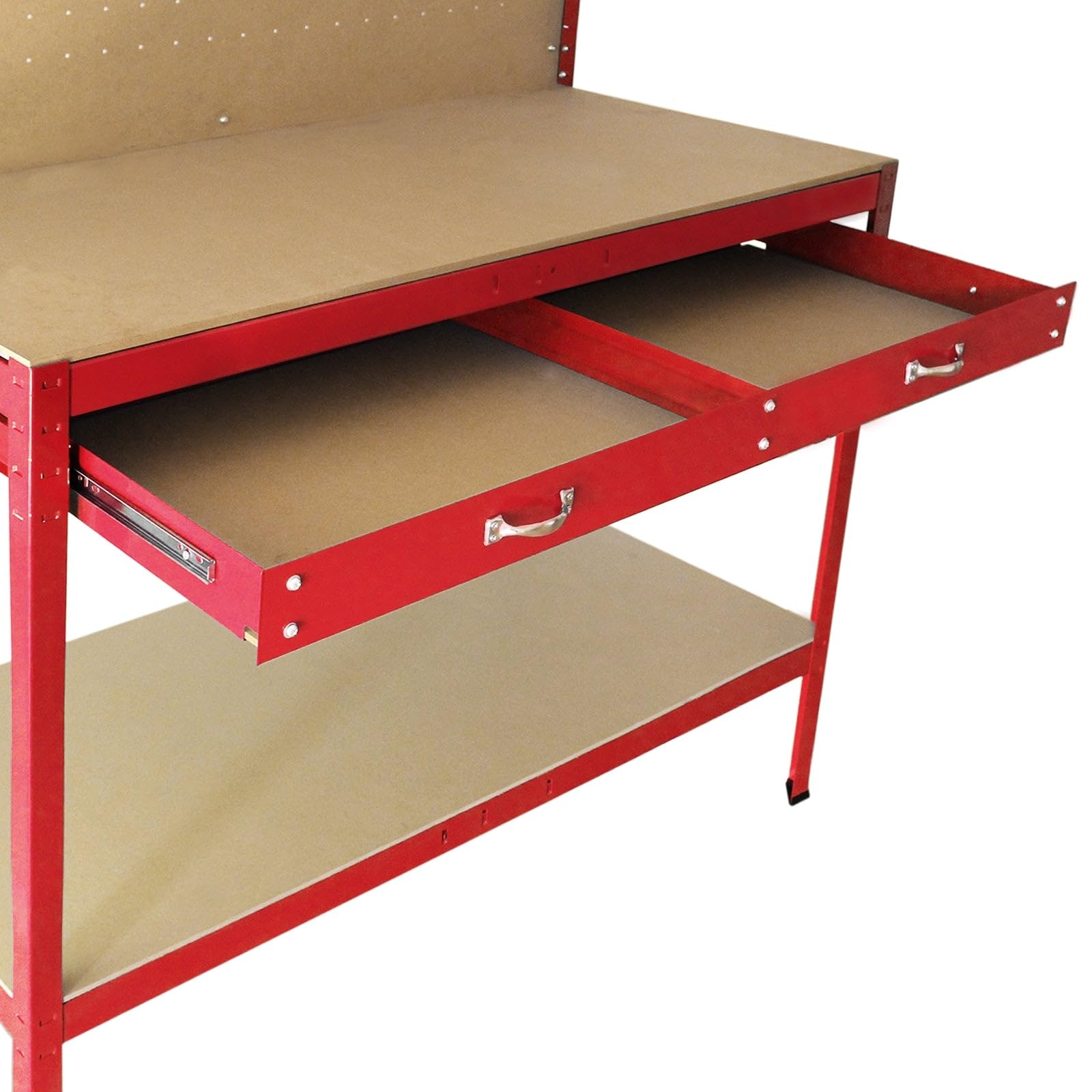 Banco da Lavoro a 3 Livelli con Piano da 120x60cm Ultra Resistente e Pannello Parete Forata Porta Attrezzi Utensili e 40 Ganci universali GRATIS + 2 Mensole e Cassetto - Rosso