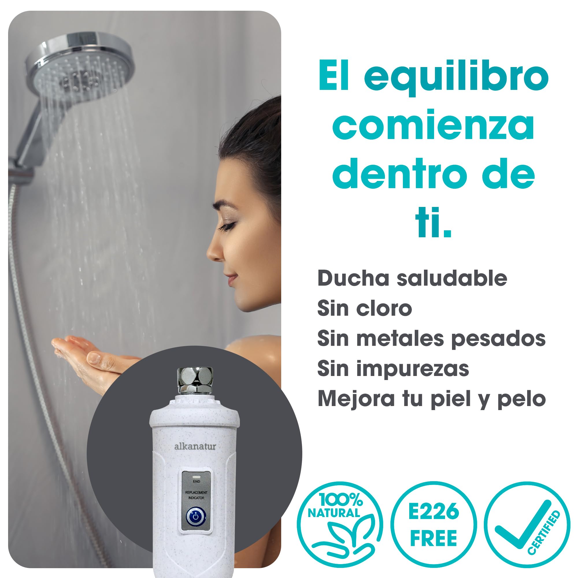 Filtro Agua para Ducha y Baño 30.000 L para el Pelo y Piel Sistema de Filtracion Libre De Sulfito Cálcico E226 Shower Head Filter ALKANATUR