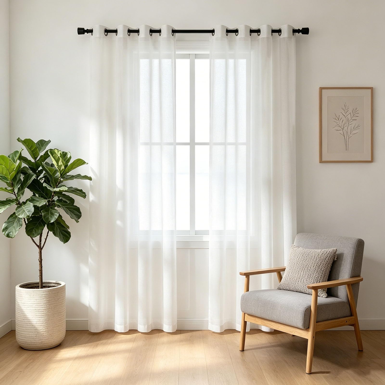 HOKXUAN Semi Transparent Eyelet Voile Panels 155 x 210 cm Grommet Light Filtering Airy Breathable Eyelet Top Voile Window Treatment for Living Room, White
