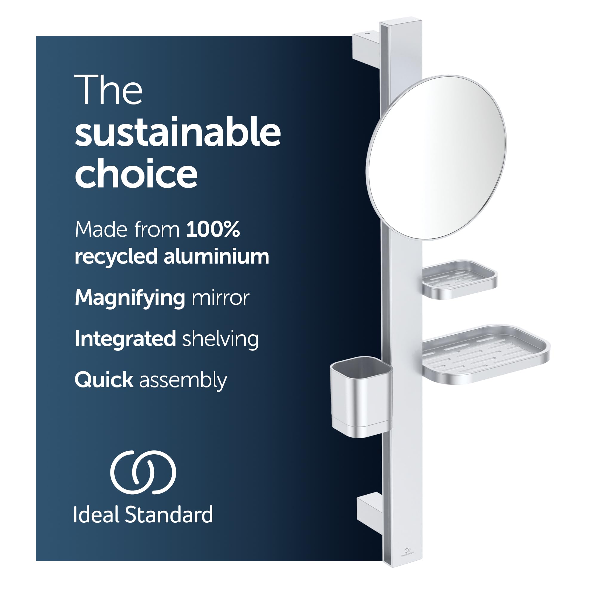 Ideal Standard Alu+ Beauty Bar, Accessoires-Kombination S, mit Ø 205 mm Kosmetikspiegel (3-Fach Vergrößerung) und verstellbaren Ablagen, aus 100% recyceltem Aluminium – Silber (310.5x160x717 mm)