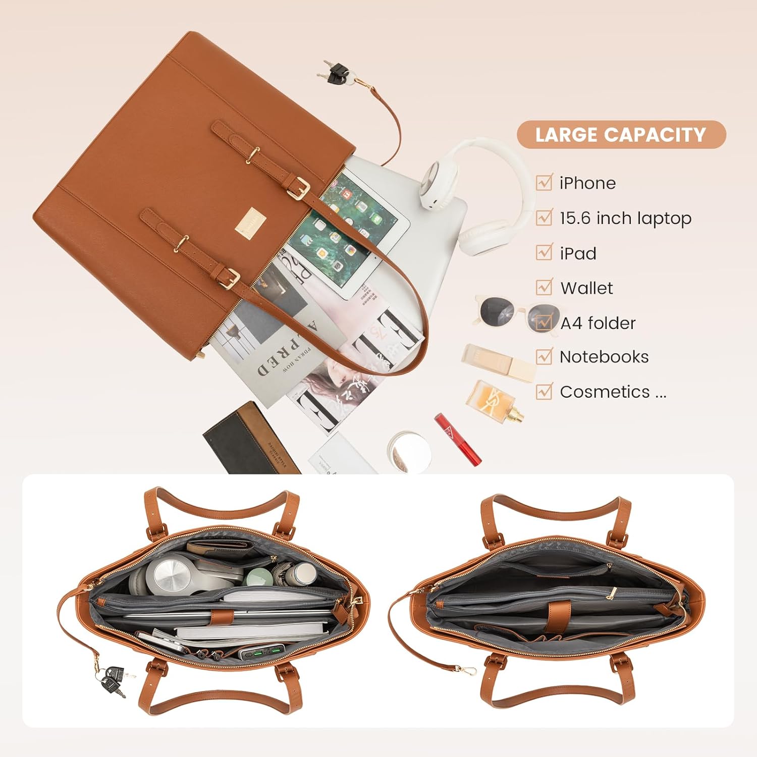 Laptop Bag for Women Large Office Handbags Briefcase Fits Up to 15.6 inch (Updated Version)-Brown - Image 6