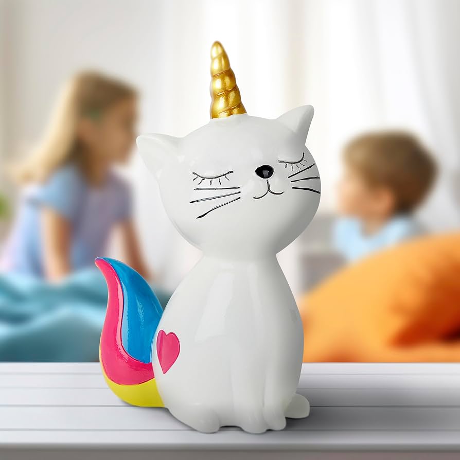 Mousehouse Spardose: Weiße Einhorn-Katze Mit Buntem Schwanz & Rosa Herz – Süße Geldbox Für Kinderzimmer (11x9x17 Cm)