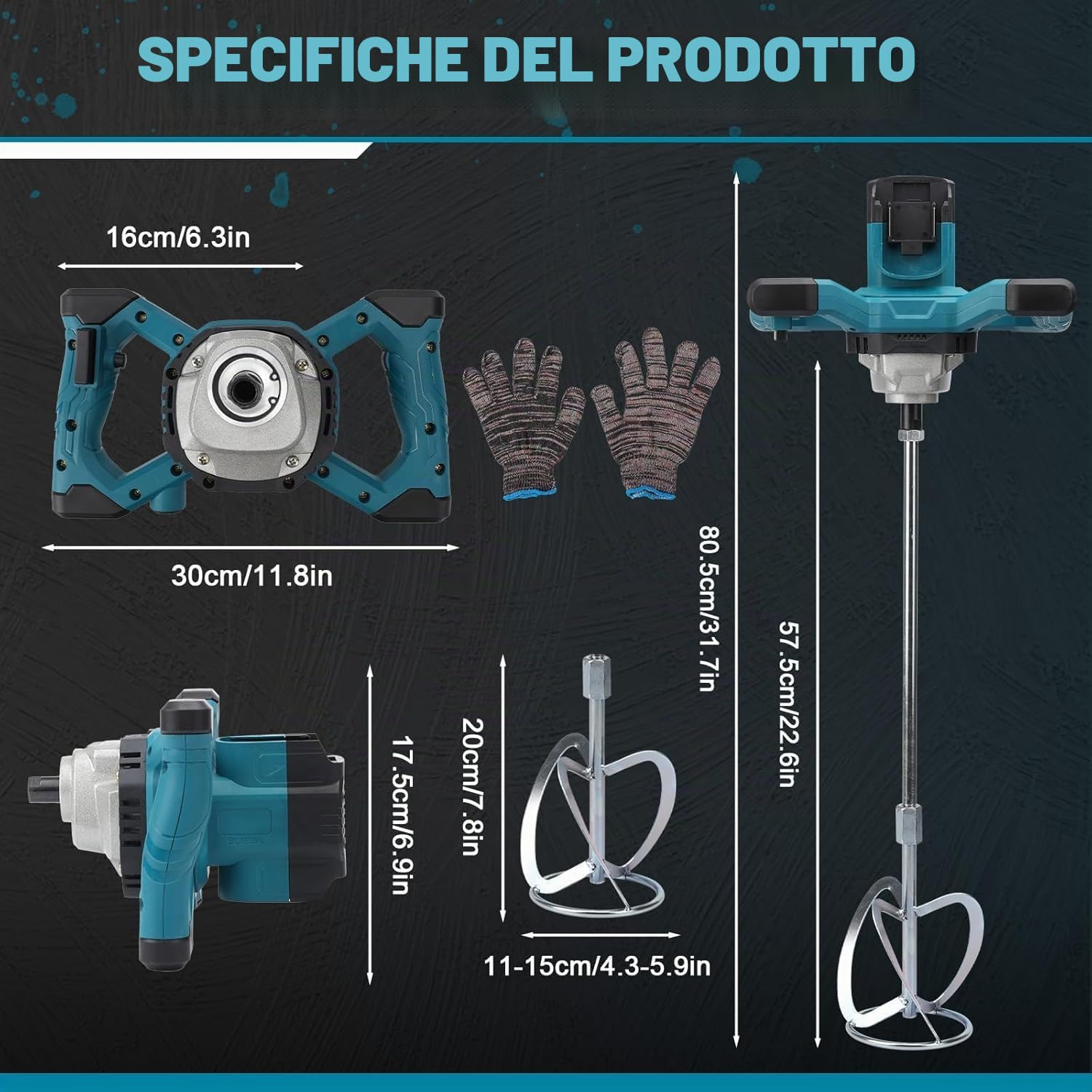 Miscelatore senza fili per vernice e calcestruzzo compatibile con batteria Makita 18 V, miscelatore elettrico a pagaia con 6 velocità, 2 fruste, per miscelare malta per mangimi (senza batteria)
