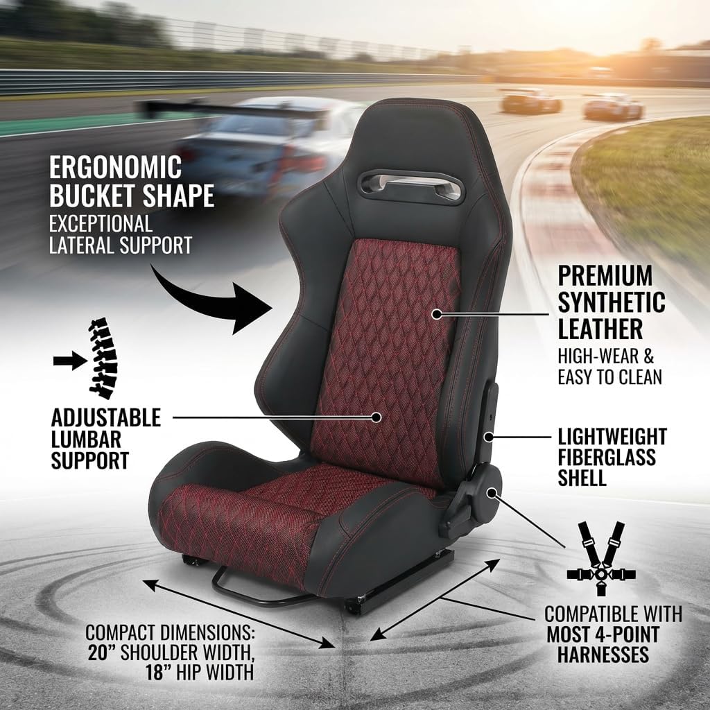 Universal Racing Seat, High racing seats Performance Bucket racing seat Seat with Adjustable Lumbar Support, Lightweight Fiberglass racing seats for cars Shell Racing Car Seat for