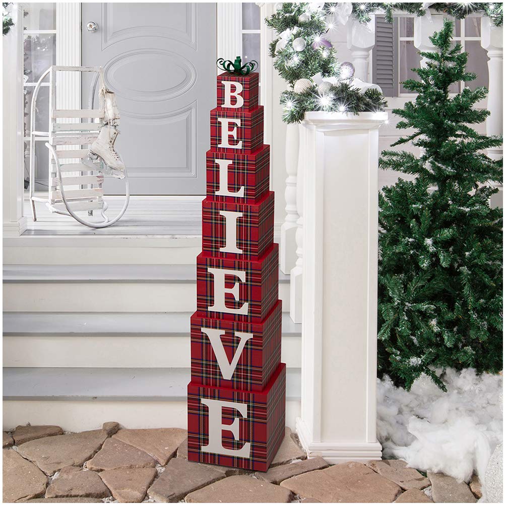 Glitzhome 42" H Wooden Double-Sided Wording Believe Porch Decor Wooden Decorative Nesting Letter Block Set Porch Sign 7 Nesting Boxes with Lids for Christmas Decorations