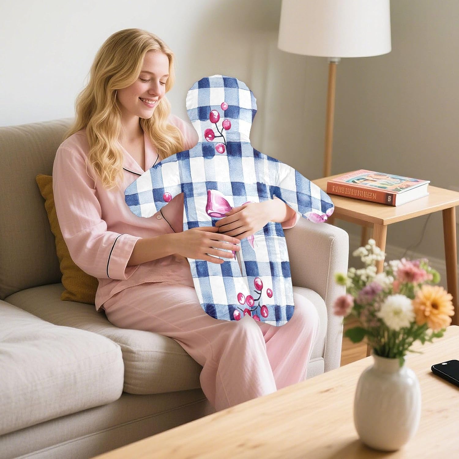 Bow Tie Grid Human-Shaped Pillow Soft Body Pillows Washable Velvet Pillows for Anxiety Relief Sleeping Cuddling & Support