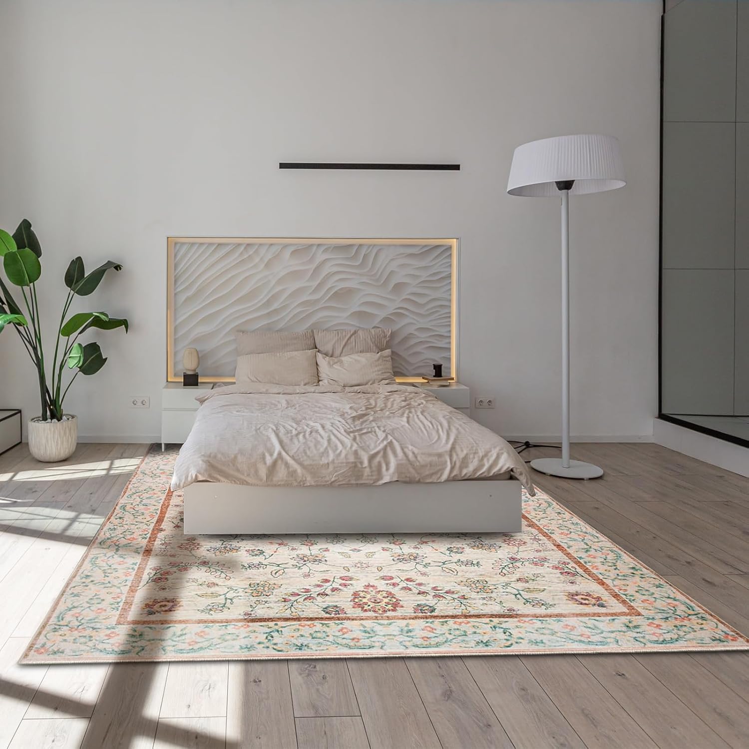 4x6ft Light Beige Tribal Print Area Rug, Vintage Moroccan Boho Floral Style, Ultra Soft & Durable, Non-Slip Backing Eco-Friendly, Perfect for Living Room/Bathroom/Nursery/Patio/Sunroom