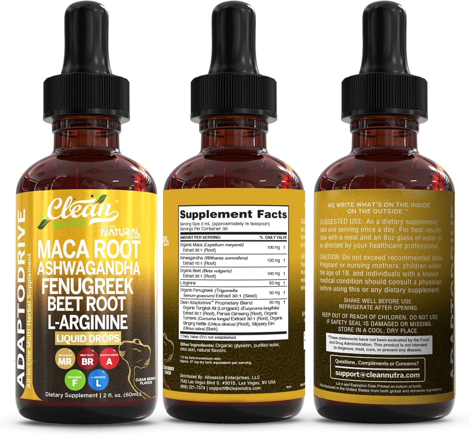Clean Nutra Organic Maca Root Liquid Drops with Ashwagandha, Fenugreek, Beet Root and L-Arginine Liquid Multivitamin for Women and Men - Adapto Drive — Amazon image 5
