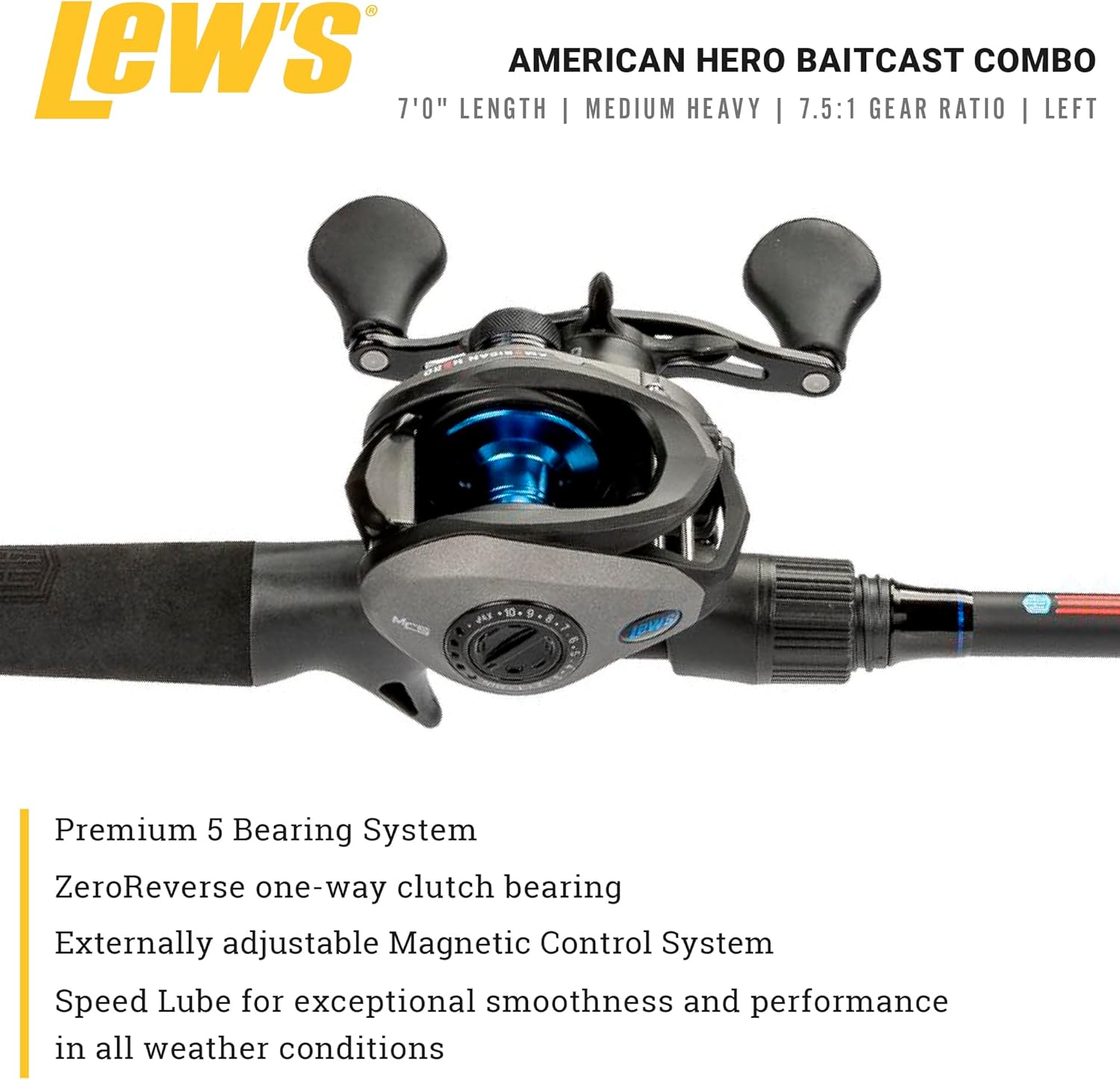 Lew's Lew’s American Hero Baitcast Reel and Fishing Rod Combo, 1-Piece Medium-Heavy Power Fast Action IM6 Graphite Rod, 7.5:1 Gear Ratio, Gray/Black/Blue