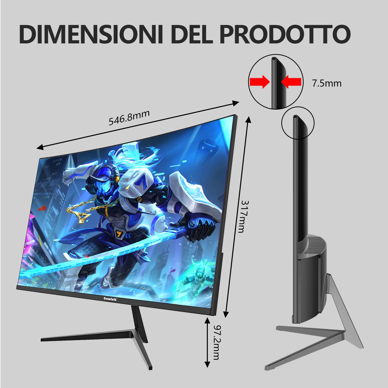 Gawfolk 24 pollici 180Hz monitor di gioco curvo, 100% sRGB,FHD 1080p,1ms,senza bordi, FreeSync, grandangolo 178°,HDMI/DisplayPort, VESA 75 * 75mm - nero…