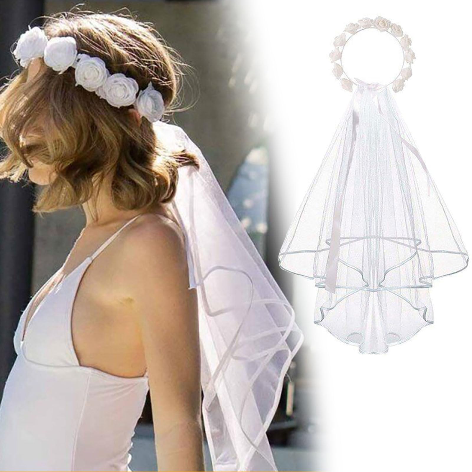 YOUNAFEN Elegant Floral Bridal Headband with Veil Bridal Crown Veil Bridal Veil for Hen Party Bridal Shower Gift 80cm White - Image 2