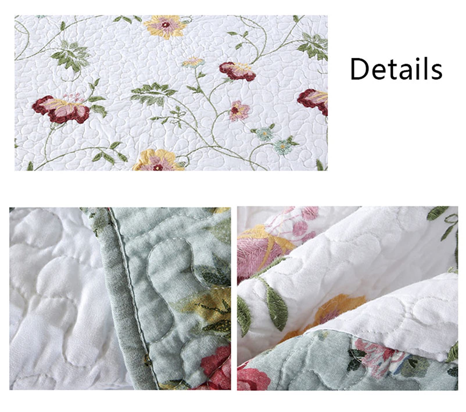 Juego de colcha acolchada, color blanco, 3 piezas, cobertores de retazos reversibles con volantes verdes, edredón extragrande de algodón suave con 2 fundas de almohada, 229 * 229 cm little surprise
