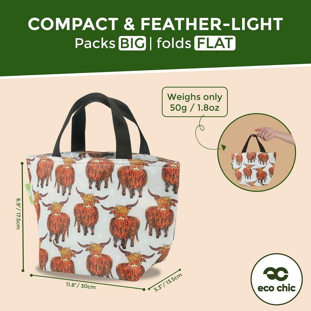 Eco Chic Lightweight Foldable Insulated Lunch Bag Water Resistant Cooler Bag (Highland Cow Grey) - Image 3