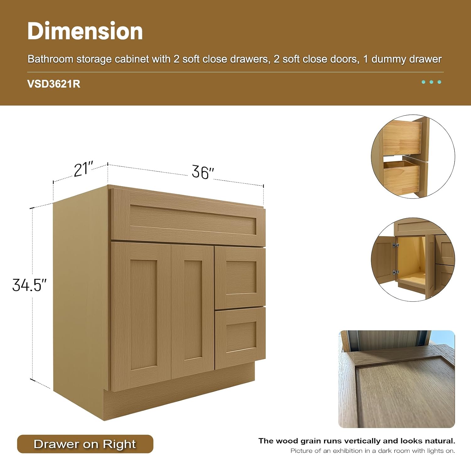 Bathroom Vanities, 36" Bathroom Vanity with Drawers, 1 Dummy Drawer, 2 Soft Close Doors and Drawers, Drawer on Right, Painted, Unassembled, RTA (White Oak and MDF Door, 21"D X 34 1/2"H X 36"W)