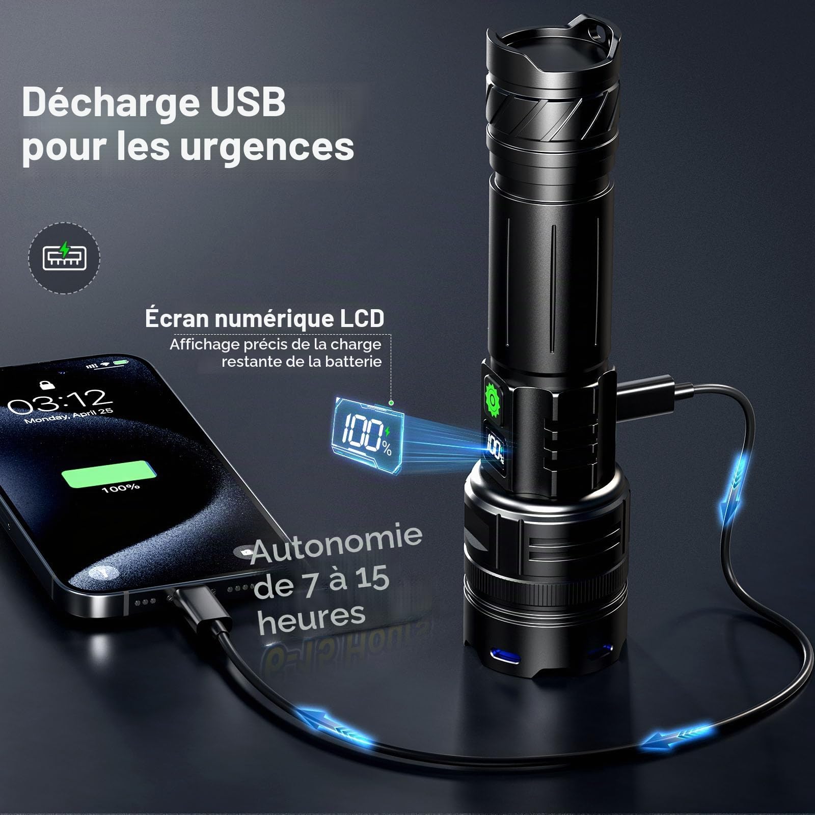 PHIXTON Lampe torche LED rechargeable super lumineuse 100 000 lumens longue distance 1000 mètres puissante zoomable longue durée de vie toucher puissant 10 h