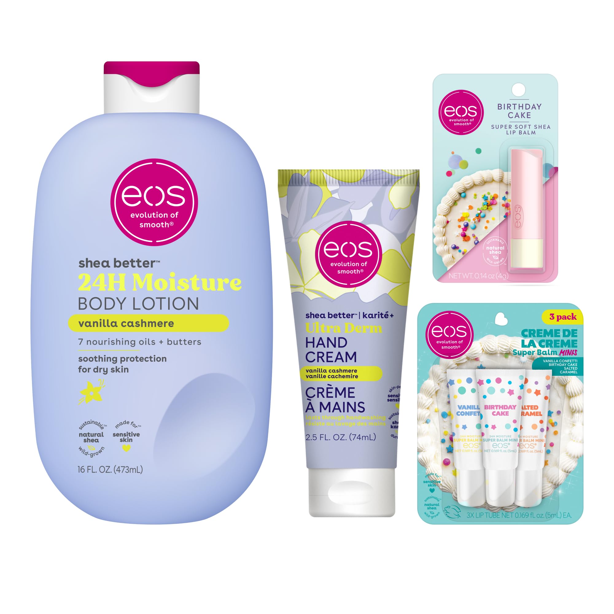 eos Happy Birthday Bundle- Lip Balm Stick + Mini Super Balms + Body Lotion + Hand Cream