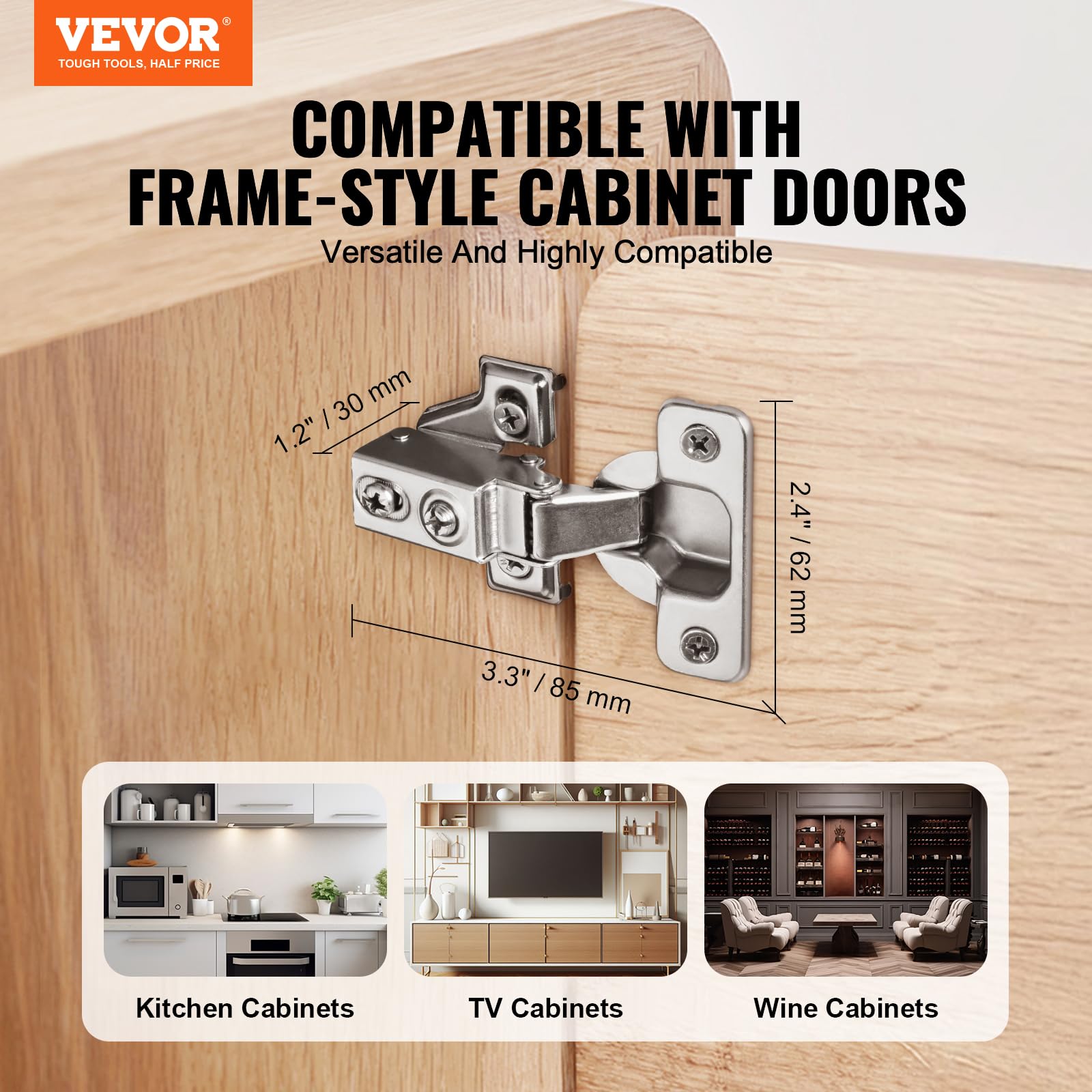 VEVOR Bisagras para Gabinetes, 60 uds, con Superposición Parcial, Bisagras Ocultas de Cierre Suave con Apertura de 100 Grados para Gabinetes con o sin Marco, con Tornillos de Montaje, 85 x 62 x 30 mm