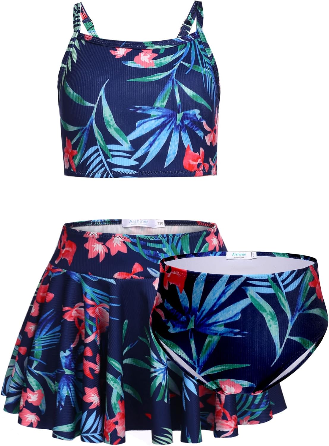 Arshiner Girls' 3Pcs Swimsuits Bikini Bathing Suit Beach Surf Floral Tankini Swimwear