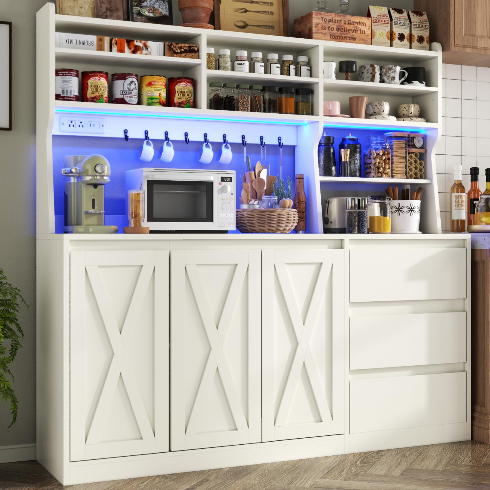 Loomie Farmhouse Sideboard Buffet Cabinet with Storage, 59" Kitchen Storage Cabinet with Power Outlet & LED Light, Coffee Bar w/Microwave Stand &