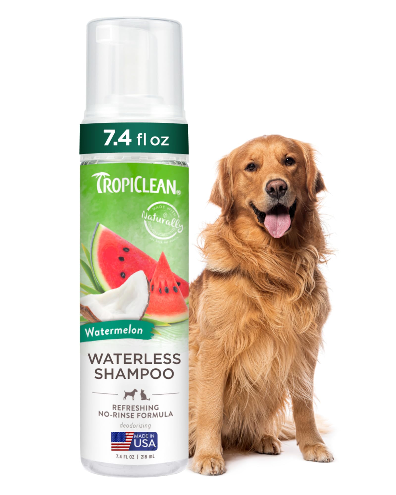 TropiClean Watermelon Waterless Shampoo | Dry Shampoo for Cats & Dogs | Cat & Dog Bath Supplies 7.4 oz | Made in The USA