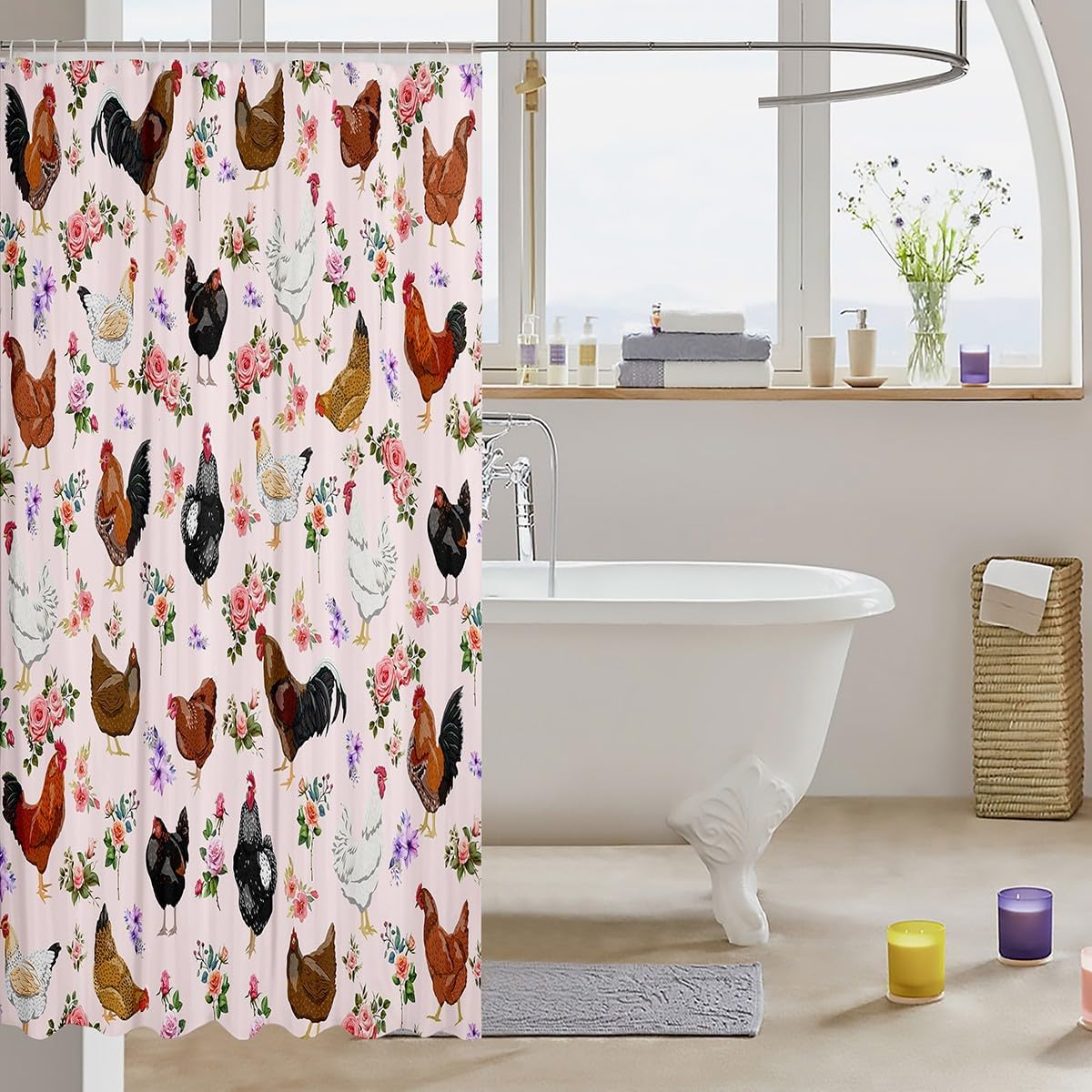 Feelyou Chicken Bath Curtain 72"x84" Cute Animals Pink Shower Curtain for Kids Boys Girls Decor Farmhouse Animals Bathroom Shower Curtain Set Floral Kids Bathroom Accessories