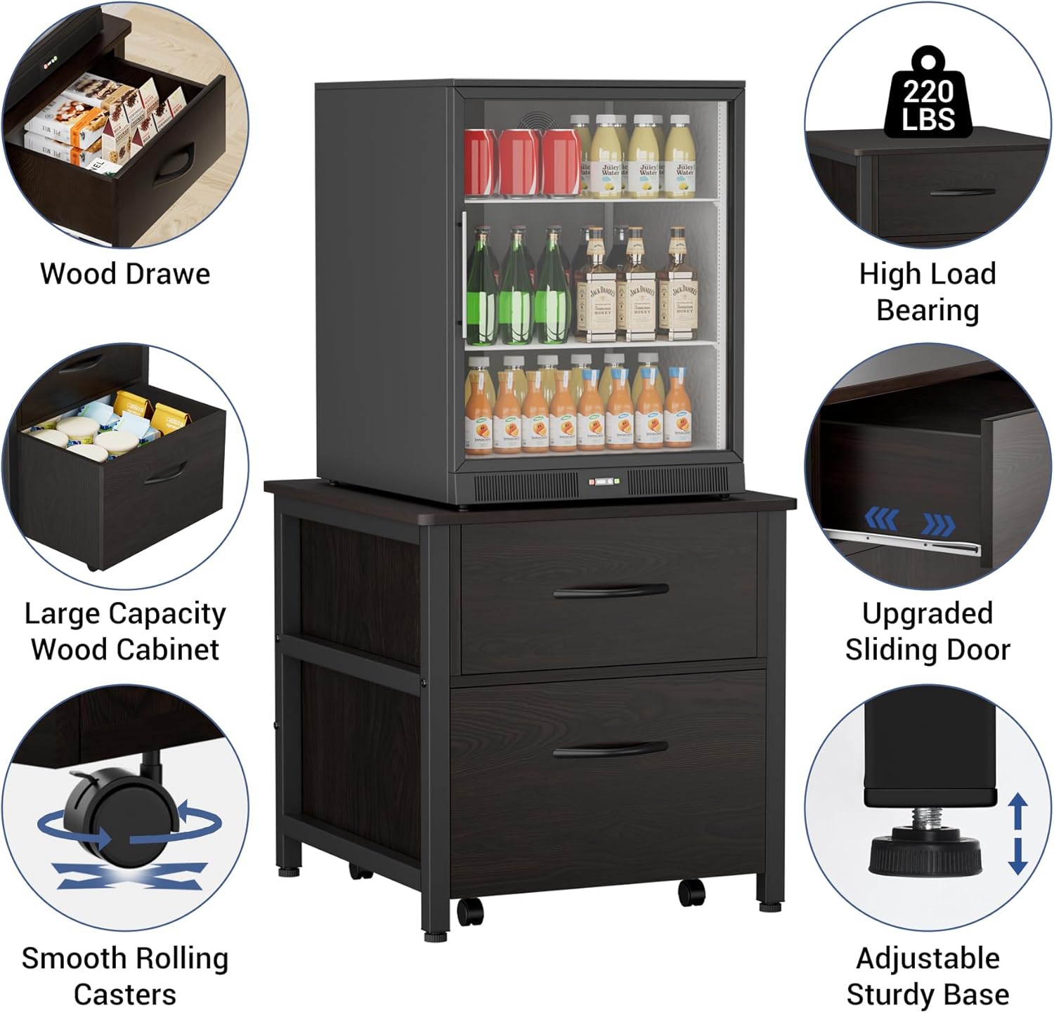 COOLBEBE Mini Fridge Stand with 2 Storage, 22" D x 23" W Heavy Duty Fridge Cabinet, Beverage Refrigerator Table Stand for Dorm, Home, Office, Bedroom, Black Walnut