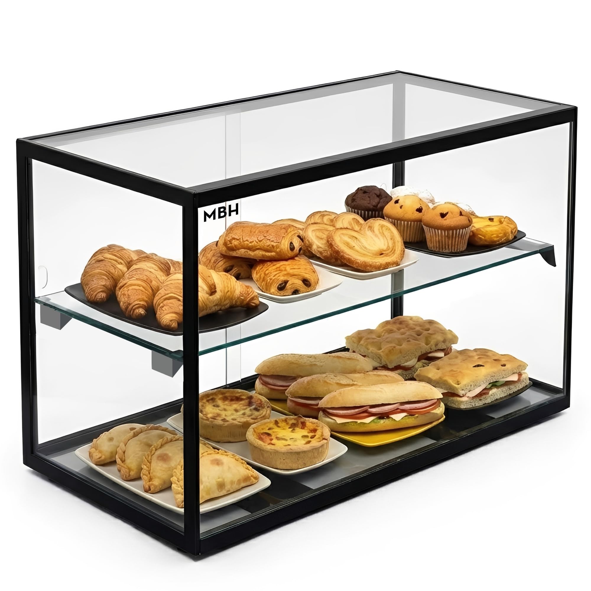 MBH - Vetrina neutra da banco 55x39 cm, vetro diritto temperato, 2 ripiani, senza illuminazione LED, porte posteriori scorrevoli, per bar, caffetteria, ristorante, brioche e pasticceria.