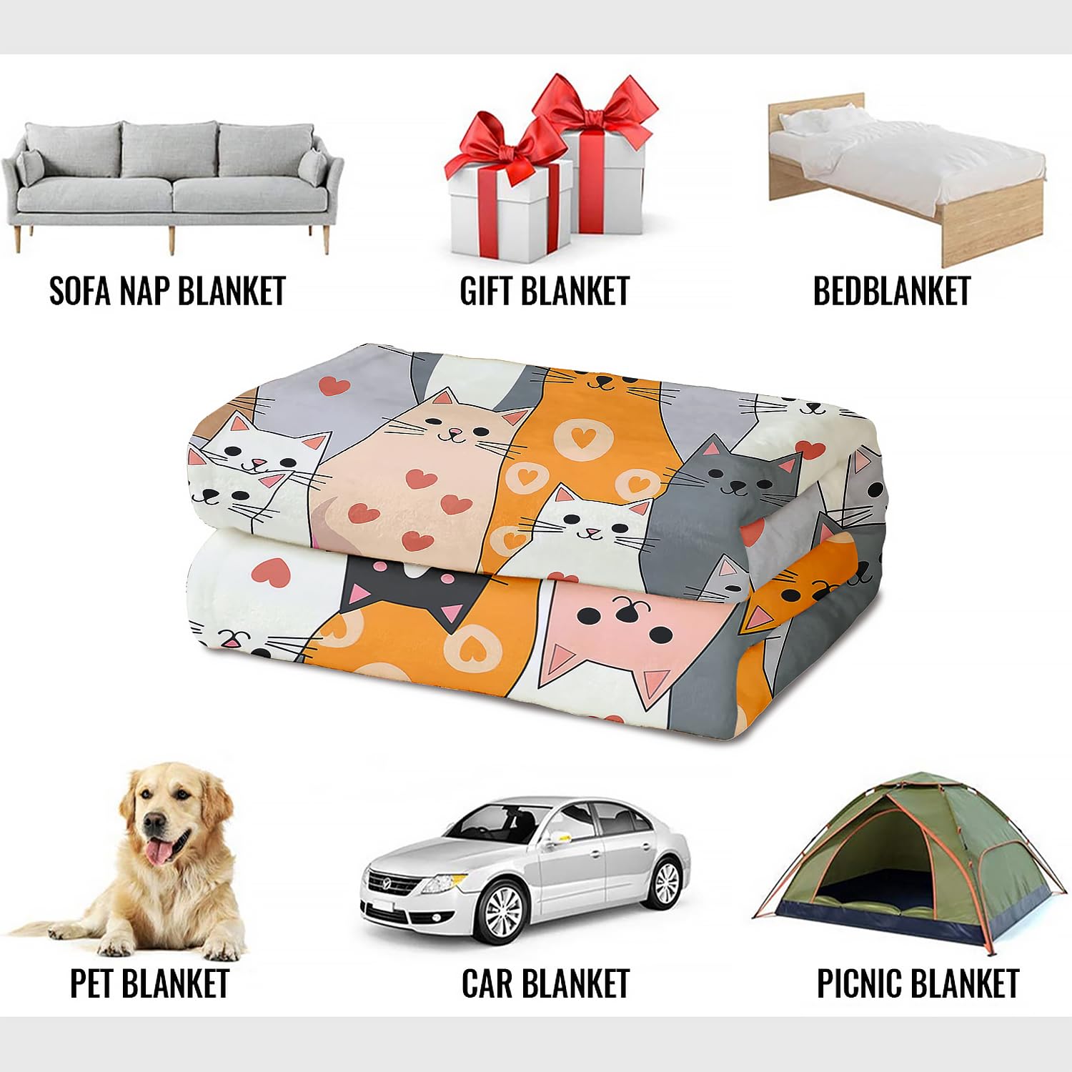 YISUMEI Kuscheldecke mit Cartoon Katzen mit Herzen, Super weiches Fleece, Überwurfdecke für Bettwäsche Couch Sofa, Schlafzimmer Wohnzimmer, Dekoration Decke, 150x200cm