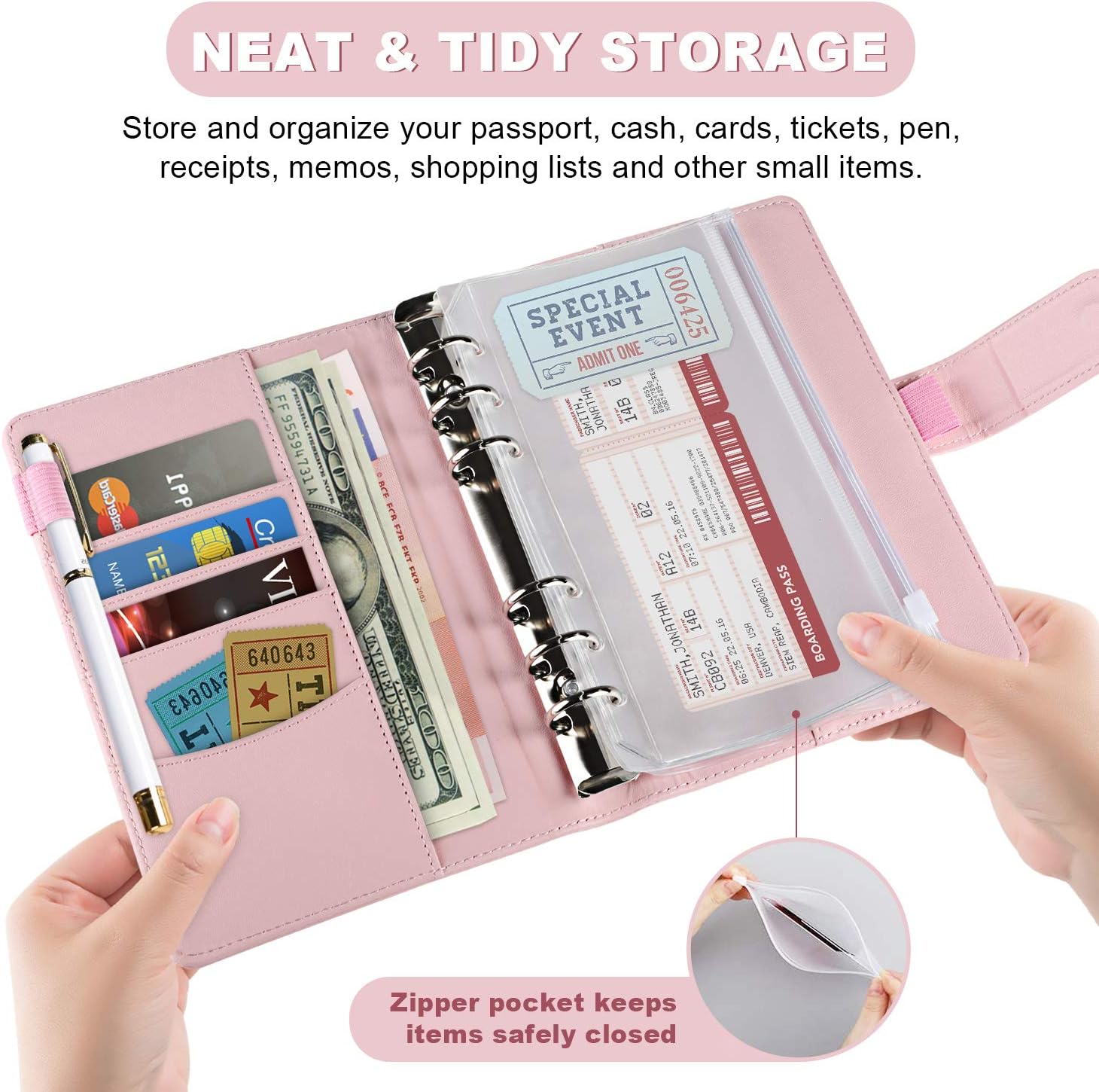 14Pcs Binder Pockets A6 with Leather Binder Cover, 6-Ring Budget Binder with Cash Envelopes, Money Saving Binder (Pink)