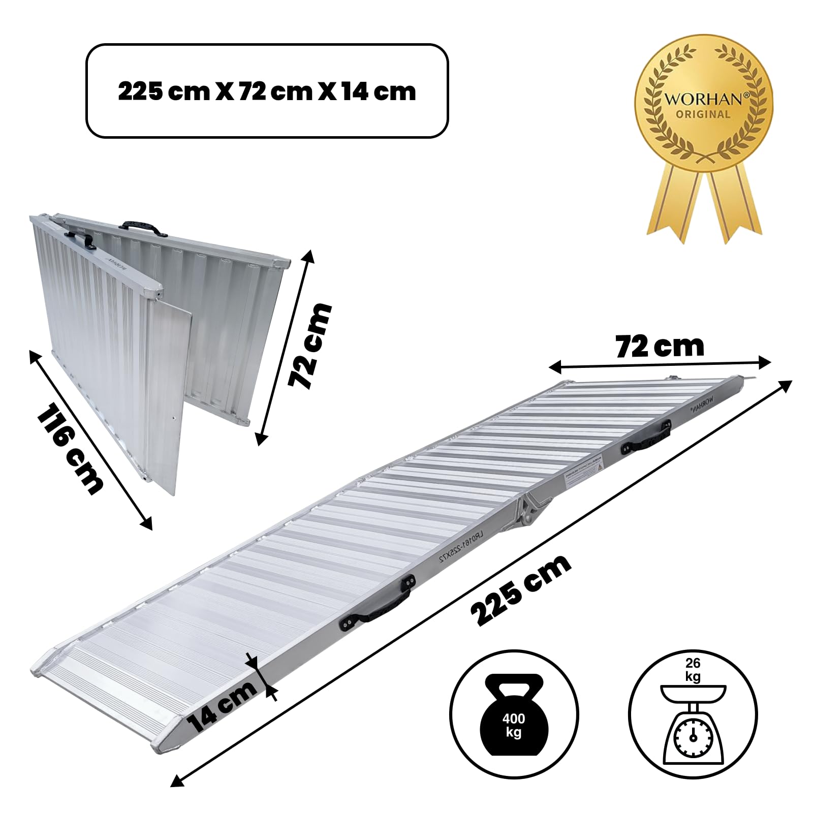 Rampa de Carga 400kg Moto Rigida Robusta Plegable Plataforma 225cm Silla de Ruedas Aluminio Superficie Ultra Antideslizante Transporte Eventos Estuche de Vuelo HR225