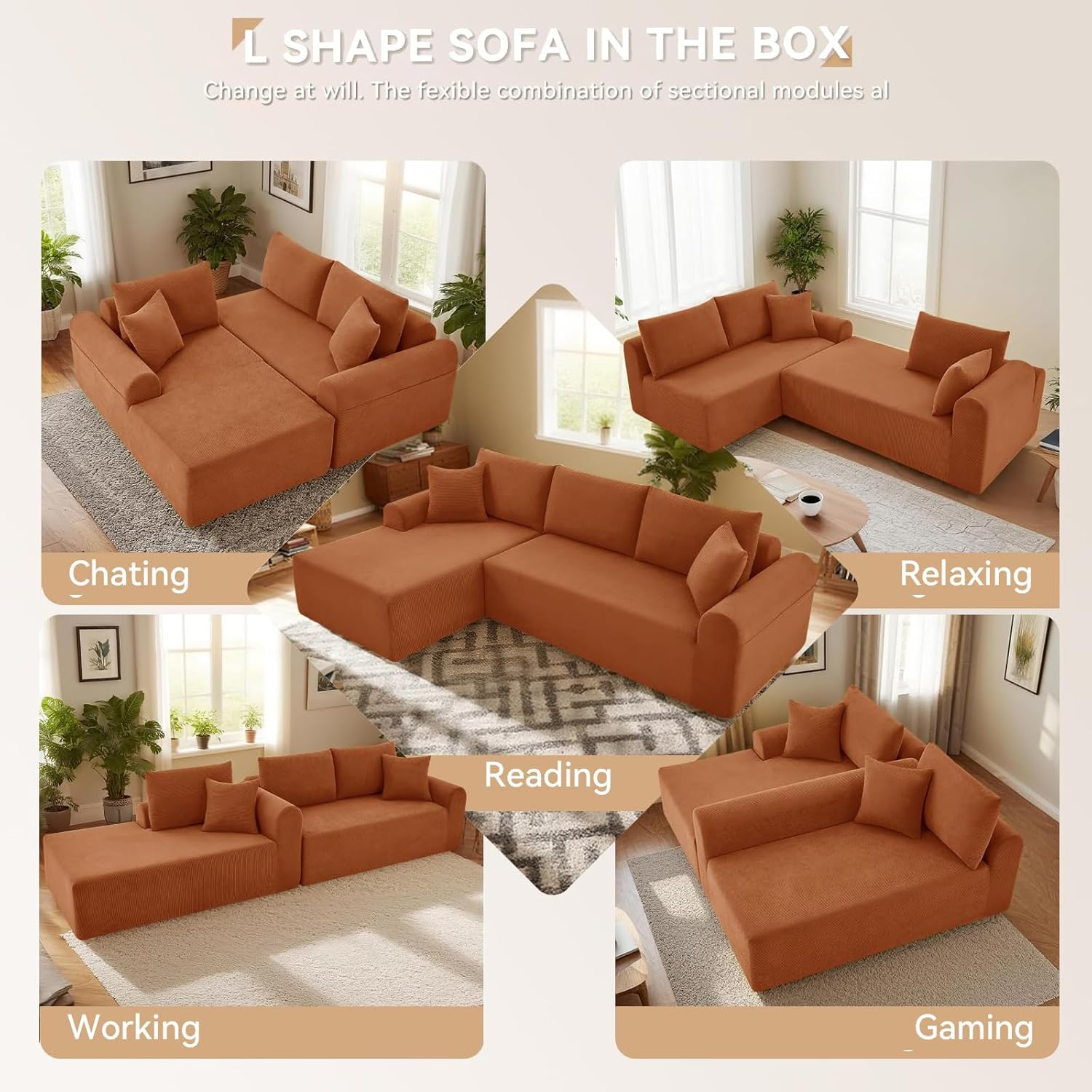 Modular Sectional Sofa with Chaise, Cloud Sectional Couch with Deep Seat, Modular L-Shape Sofa Corduroy Boneless Couch for Living Room,Bedroom,No Assembly Required(Orange, Left Facing Chaise)