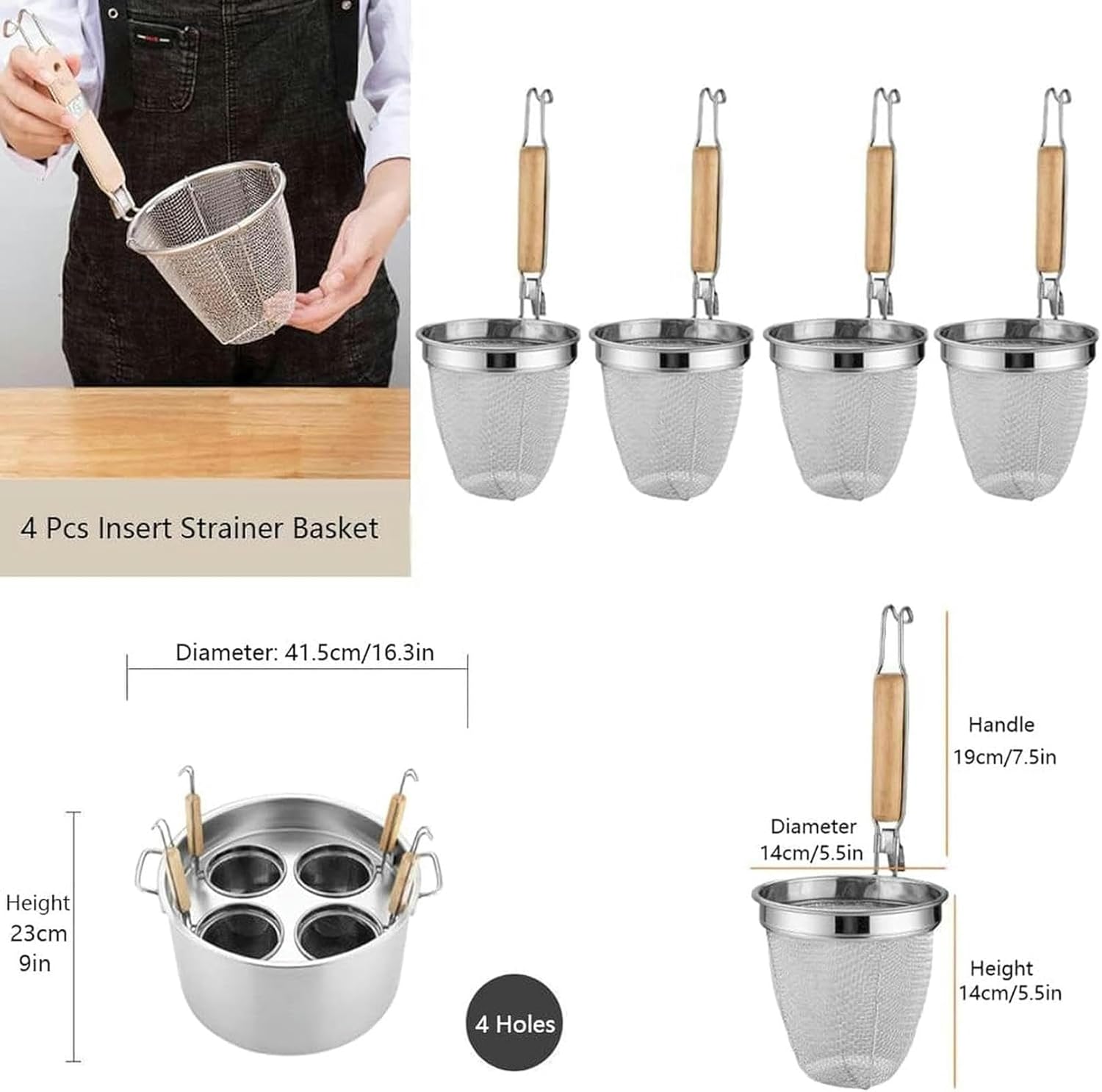 調理鍋、4穴マルチポットステンレススチールパスタクッカーインサートセット、4つのインサートストレーナーバスケットと蓋付き、ストックポ