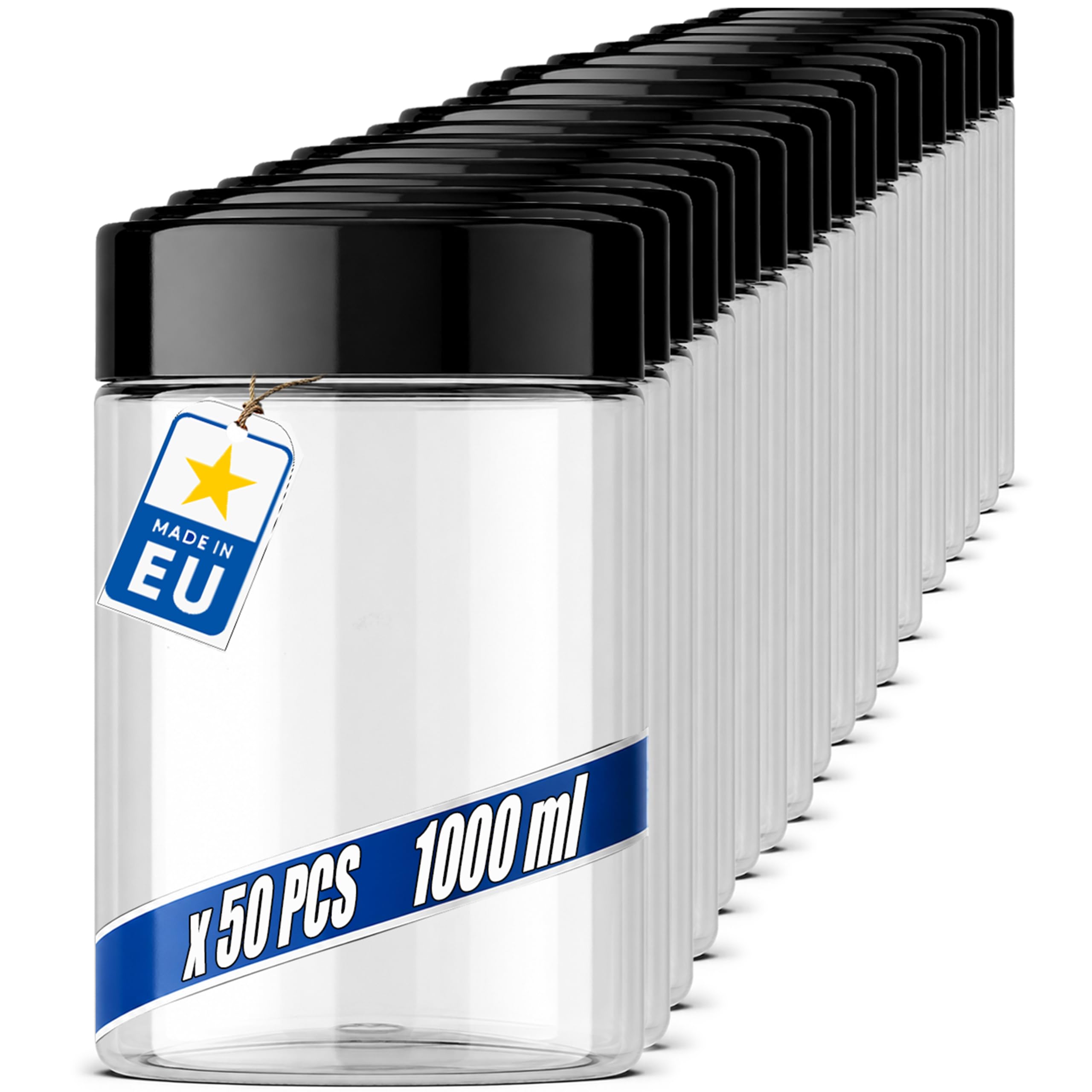 POSH Barattoli ermetici, 50 x 1 l, in PET per uso alimentare, con coperchio a vite nero, contenitori in plastica trasparente con coperchio, per farina, caffè, tè, barattolo rotondo in plastica