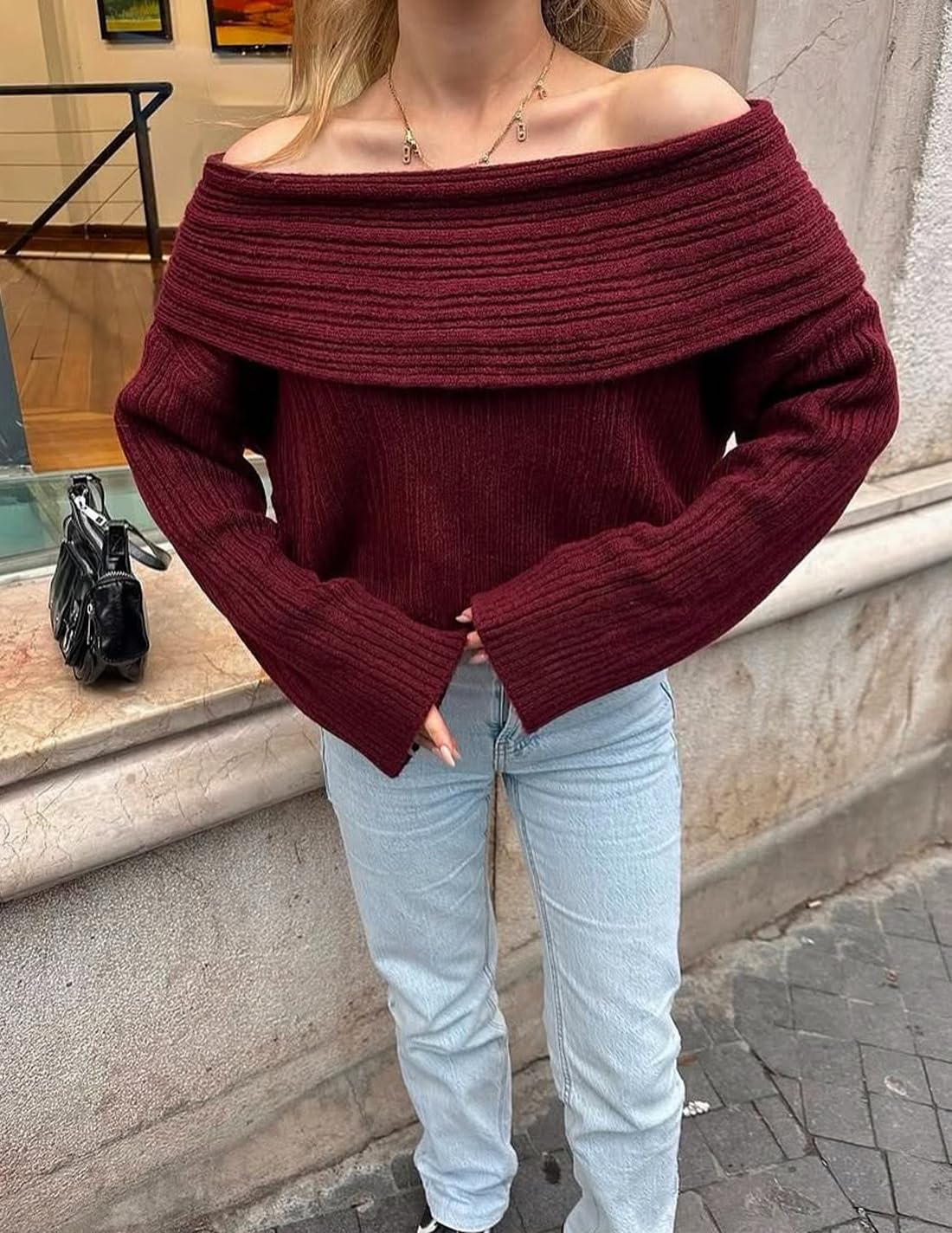 ZESICA Women's Off The Shoulder Sweater 2026 Oversized Long Sleeve Fall Winter Ribbed Knit Tops Pullover Sweaters - Image 4
