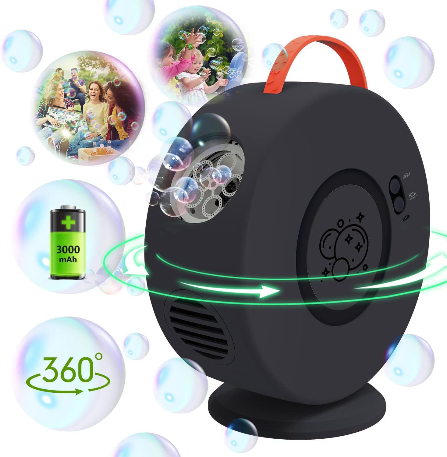 Bubble Machine, Portable Rechargeable Bubble Maker Toy for Kids, 90°/360°Rotating, 500ml Automatic Bubble Blower for 3 4 5 6 Year Old Toddlers Girls Boys Gifts, Outdoor Party Wedding Birthday Toys
