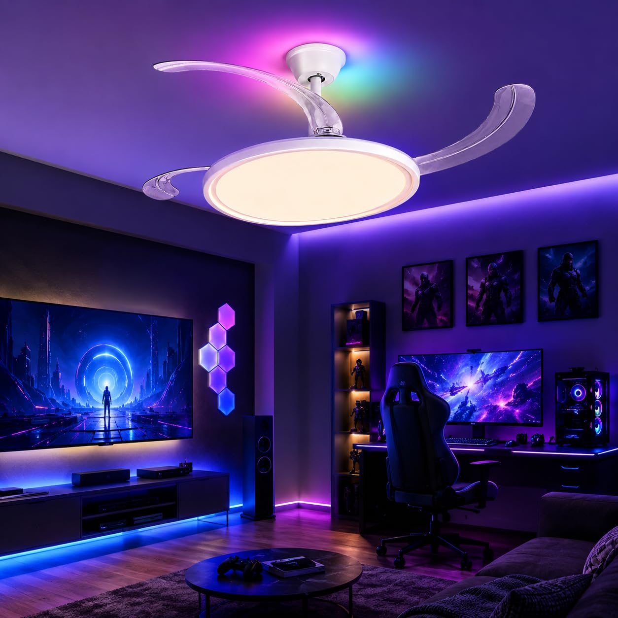 LED Deckenventilator mit Beleuchtung 50cm, Deckenlampe mit Ventilator RGB Hintergrundlicht, leiser Ventilator, APP & Fernbedienung, Sommer/Winter Modus für Schlafzimmer Wohnzimmer