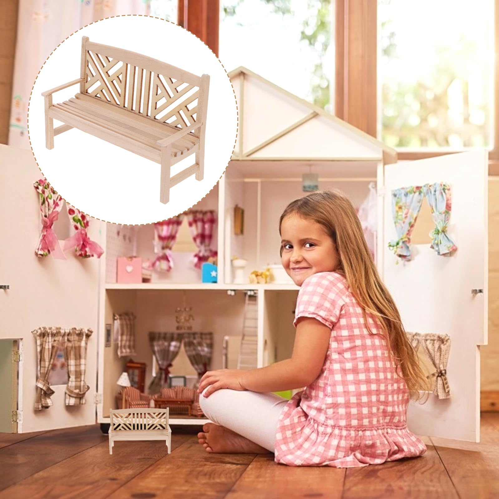 ibasenice 1/12 Scale Miniature Double Chair Bench Model Wooden Furniture for Dollhouse Garden Scene Diy Craft Decoration - Image 2