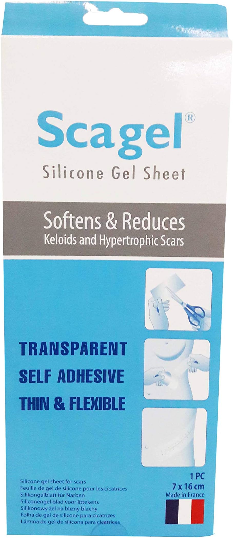 Silicone Gel Sheet. Softens & Reduces Keloids and Hypertrophic Scars. Tranparent Self Adhesive Thin & Flexible. (Size: 7cm X 16cm, 1 PC/Pack).