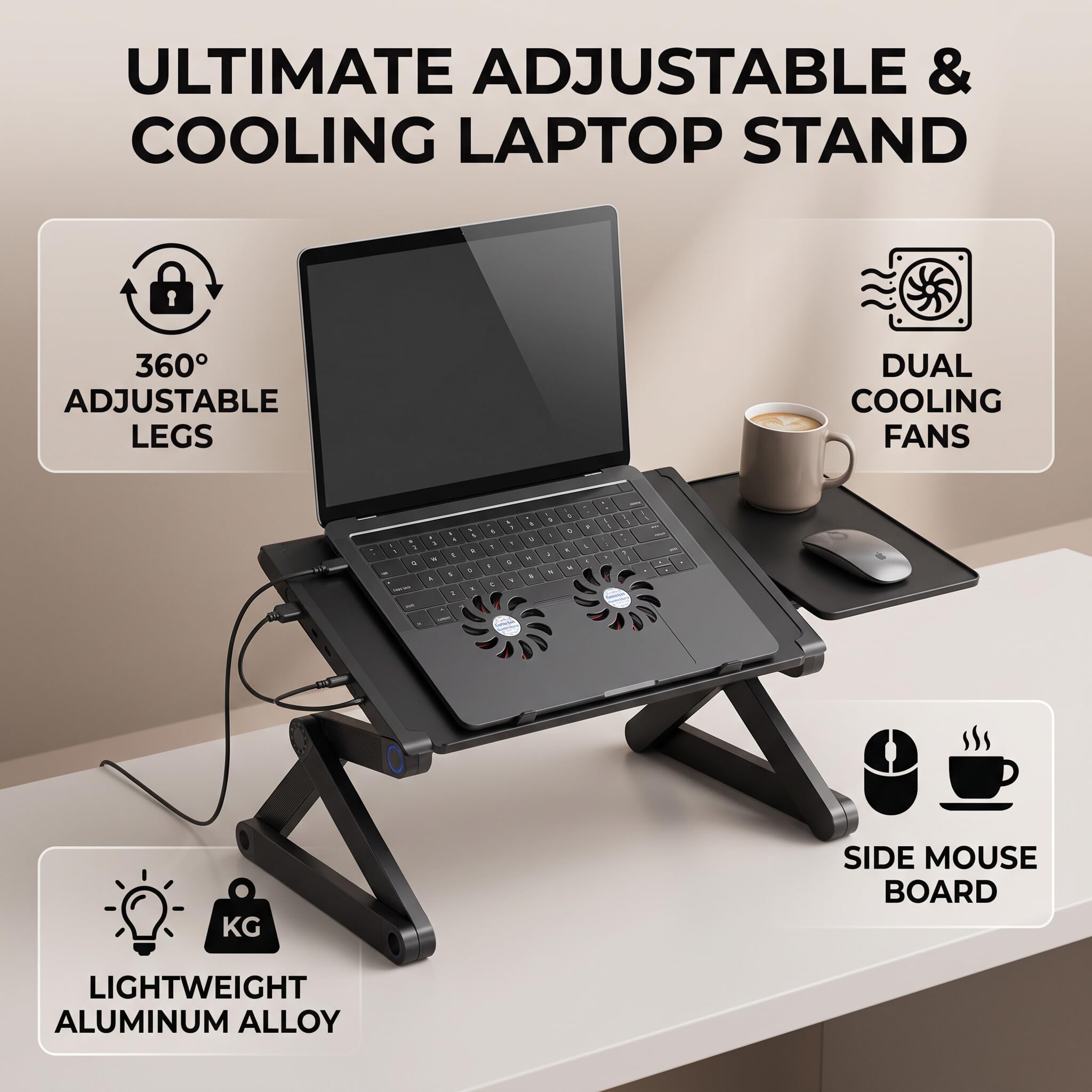 Supporto per computer portatile regolabile in altezza, Supporto per Laptop Tavolo in alluminio con piattaforma per mouse pieghevole per laptop letto colazione ufficio lettura (nero)