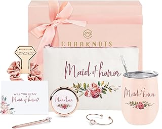 CARAKNOTS Maid of Honor Proposal Gifts Will You Be My Maid of Honor Pink Bridesmaid Proposal Gifts Box for Wedding Bridal Bachelorette Party Favor Stainless Steel Wine Tumbler 12 oz
