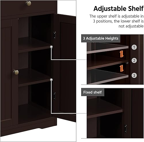 Miniatura 5 de Yaheetech Armario de suelo de baño, organizador de madera con gran espacio de almacenamiento con 1 cajón grande, 3 cajones pequeños y 2 puertas,