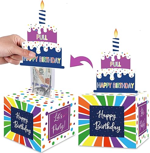 Caja de dinero de cumpleaños para tirar de efectivo, cajas de regalo sorpresa para niños y adultos con tarjeta de feliz cumpleaños y 100 bolsas