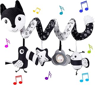 HILENBO Car Seat Toys, Infant Baby Black Fox Spiral Plush Activity Hanging Toys for Car Seat Stroller Bar Crib Bassinet Mobile with Music Box BB Squeaker and Rattlesï¼ˆBlackï¼‰