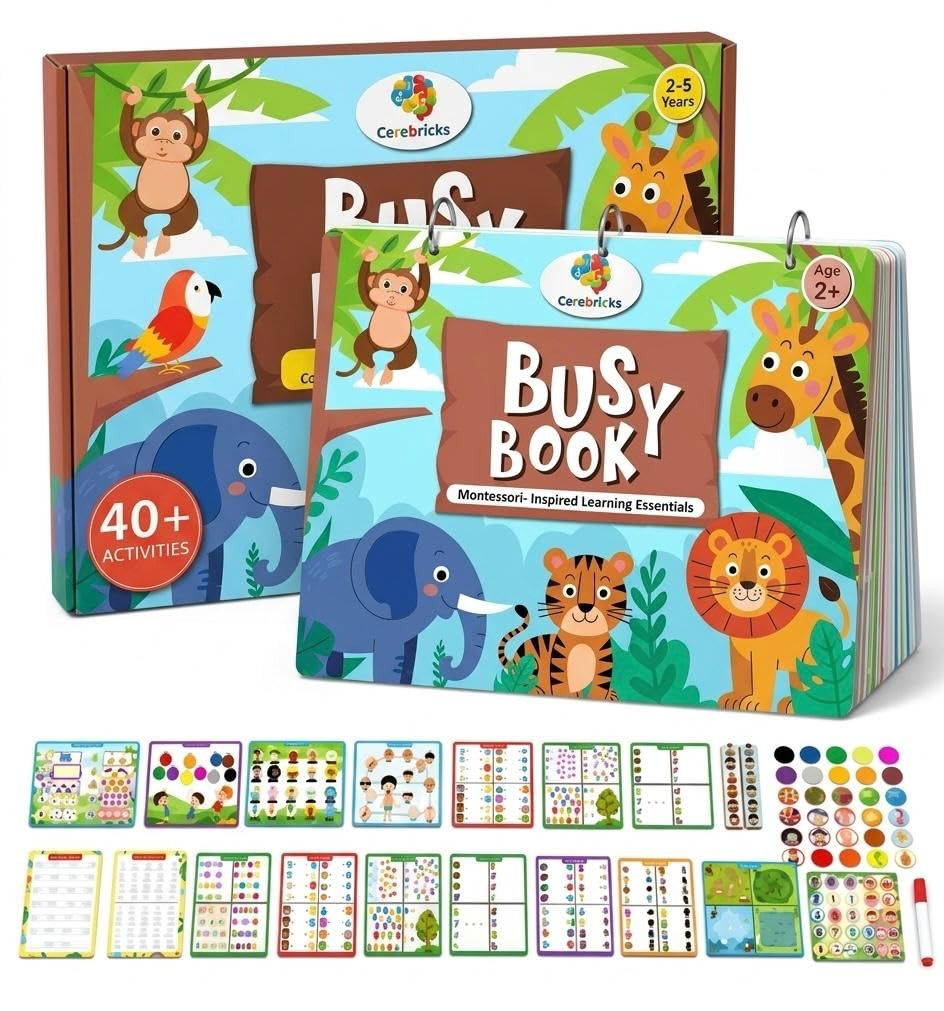 Cerebricks Montessori Busy Book | Busy Binder for Toddlers| Quiet Book | Preschool Learning Activity Book with Alphabet, Numbers, Shapes & Color Matching | Early Educational Toy|Ages 2, 3, 4, 5