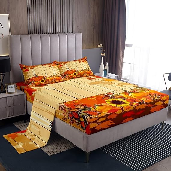 Feelyou Fall Pumpkin Bed Sheets Set Queen Size Thanksgiving